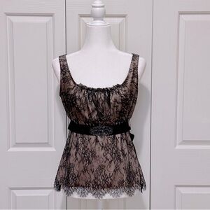 Elie Tahari Emilia Lace Overlay Satin Top w/Ribbon Belt Black/Gold M
